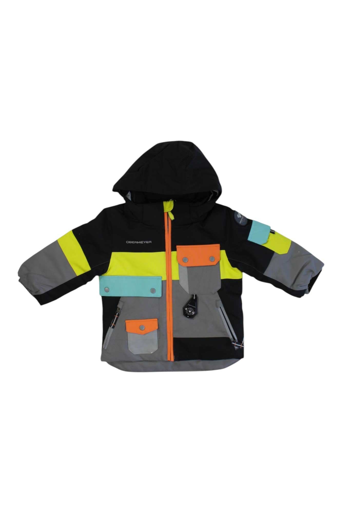 The Obermeyer Boys Nebula Jacket is an insulated, color-block ski jacket with front pockets, button and zipper closures, and a standout orange front zipper.