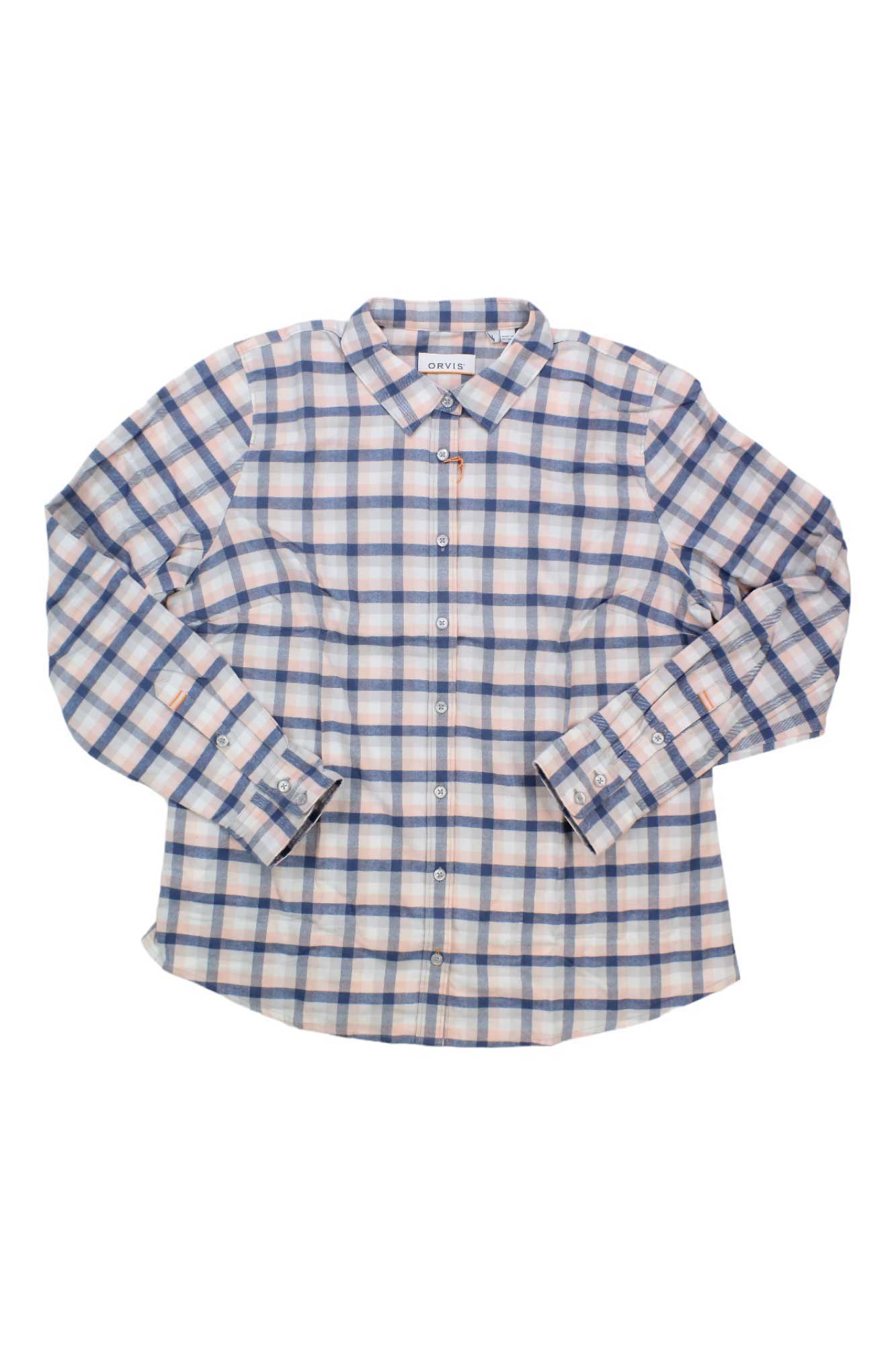 Women’s plaid tech flannel button-up shirt, long sleeves, collared neckline, blue-toned check