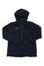 The Mammut Womens Rime IN Flex Hooded Jacket is a dark navy, lightweight insulated jacket with water repellent finish, front zipper, long sleeves, small logo text on left chest and sleeve, helmet-compatible hood, and orange zipper accents.