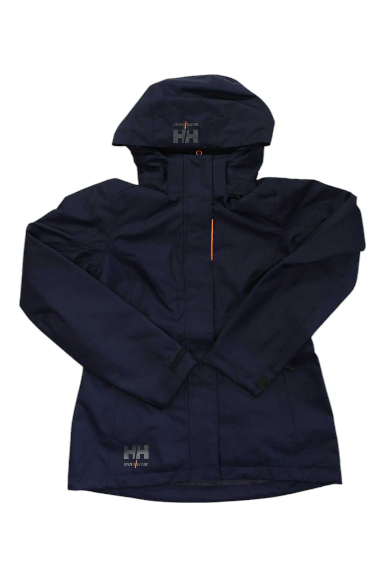 The Helly Hansen Womens Luna Shell Jacket in navy blue features a front zipper, black Velcro cuff straps, and small logos on the chest and hem. This breathable waterproof shell offers comfort and protection in any weather.