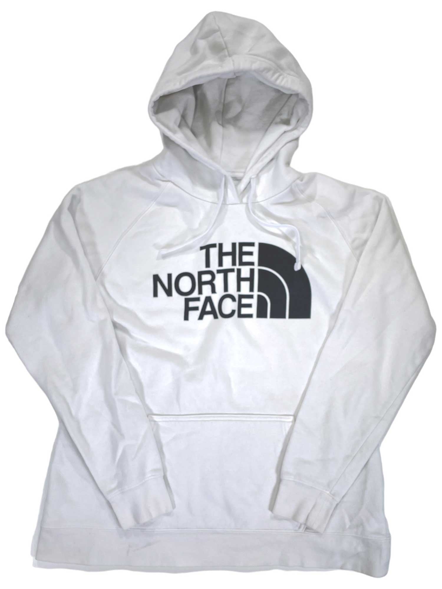 The Women's Half Dome Pullover Hoodie is a classic white sweatshirt featuring THE NORTH FACE logo and half-dome design on the front, plus a front pocket and drawstrings.