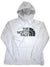 The Women's Half Dome Pullover Hoodie is a classic white sweatshirt featuring THE NORTH FACE logo and half-dome design on the front, plus a front pocket and drawstrings.
