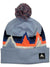 The Burton Kids Recycled Echo Lake Beanie is light blue with a multicolored zigzag mountain pattern in blue, orange, white, and navy. It features a pom-pom and a black and white Burton logo patch on the front.