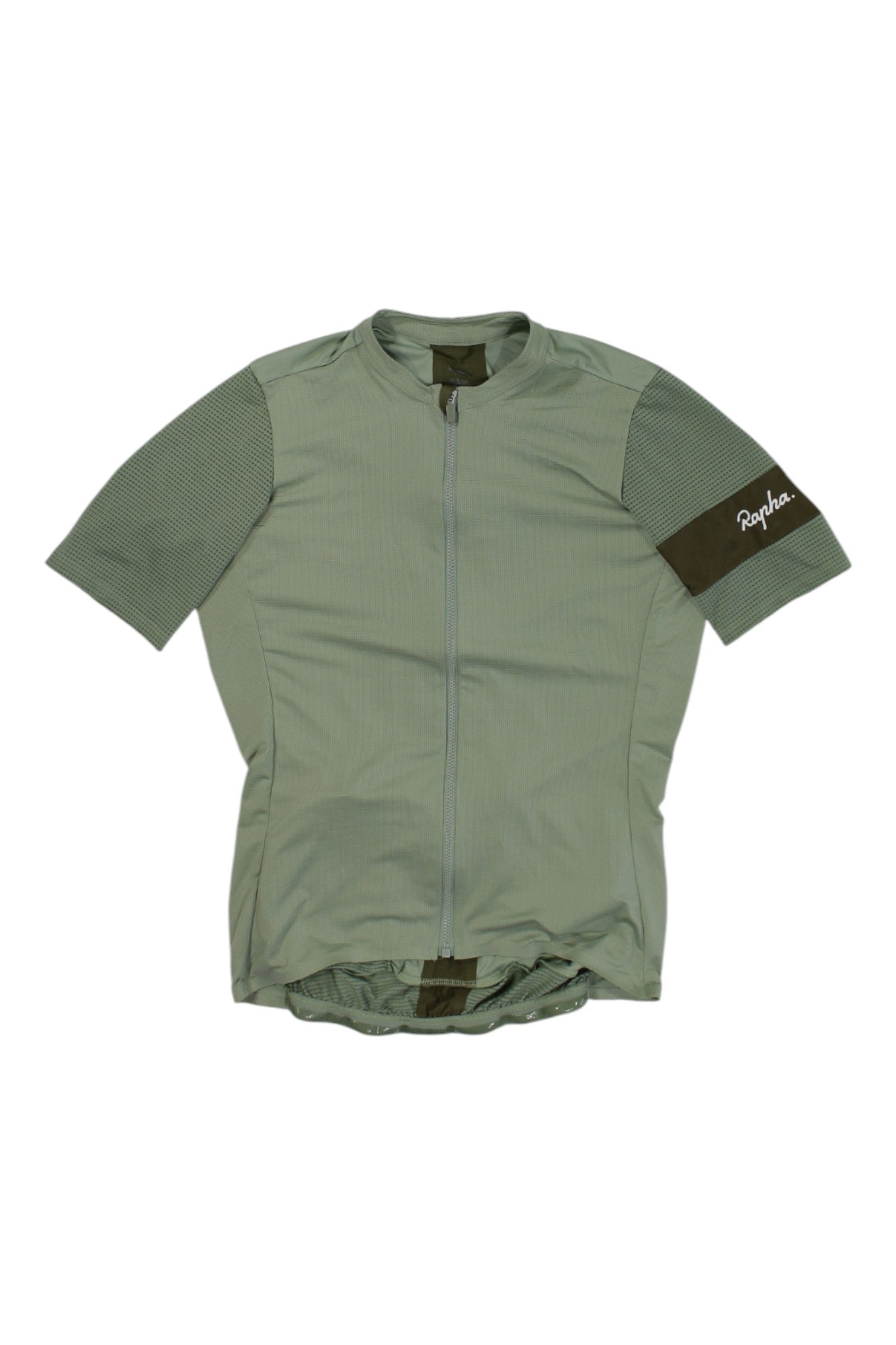 The Rapha Souplesse Flyweight Jersey is a short-sleeve, light green cycling jersey with dark green sleeve accents, a full front zipper, and "Rapha" in white on the left sleeve—ideal for warm-weather rides.