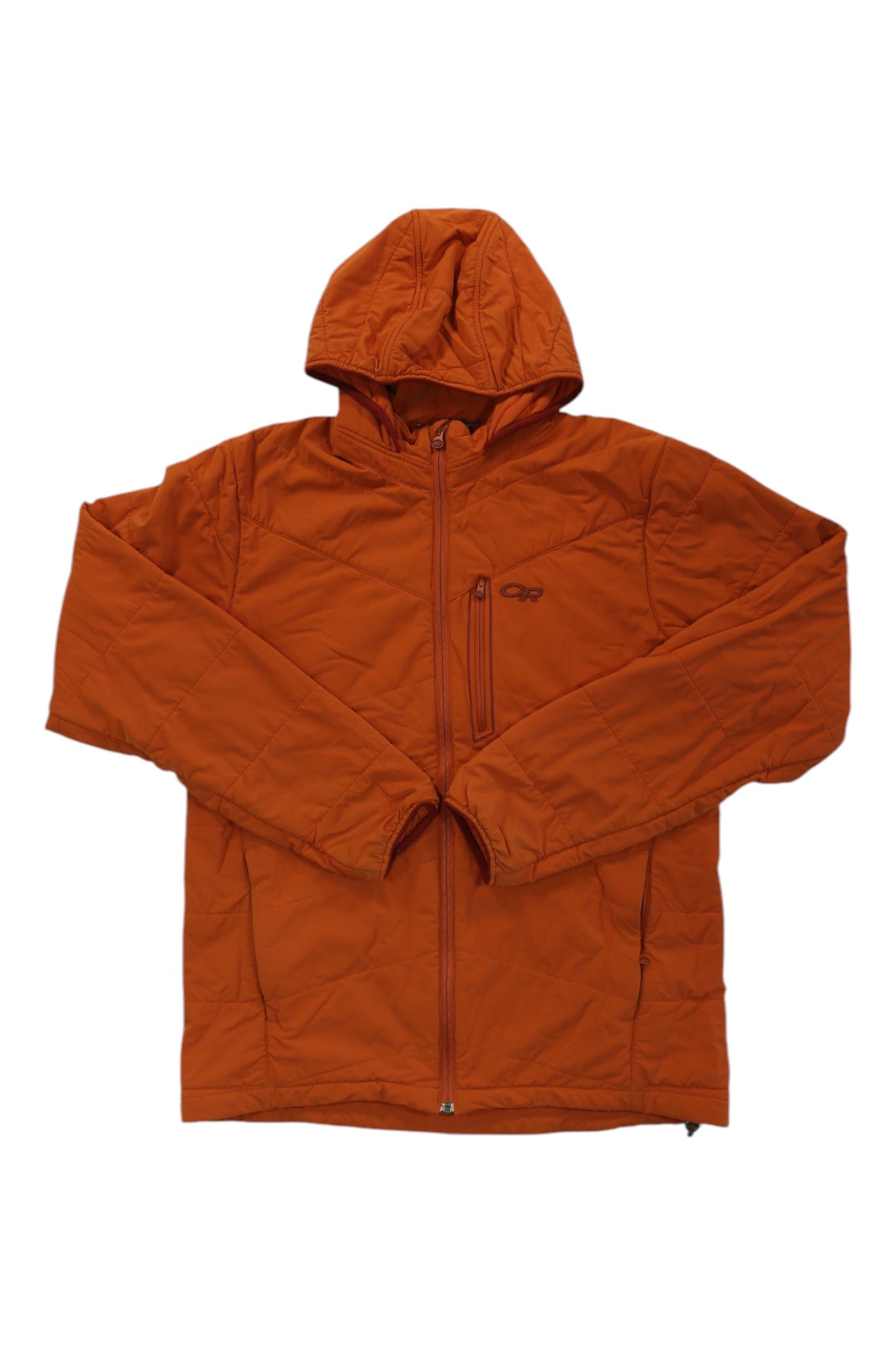 The Outdoor Research Mens Winter Ferrosi Hoody in orange features a front zipper, long sleeves, and a small chest logo. This synthetic insulated jacket is designed for winter hiking and is shown laid flat on a white background.