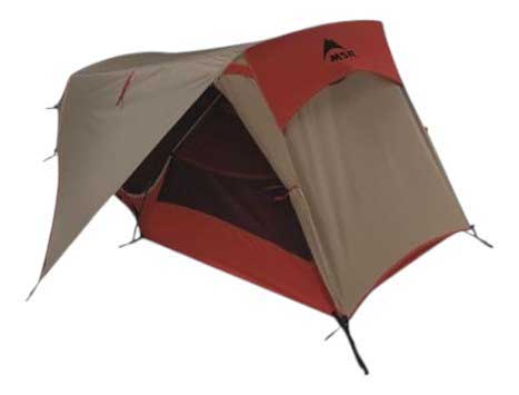 Zoic 2 tent with tan walls and red rainfly, open doorway and guy lines