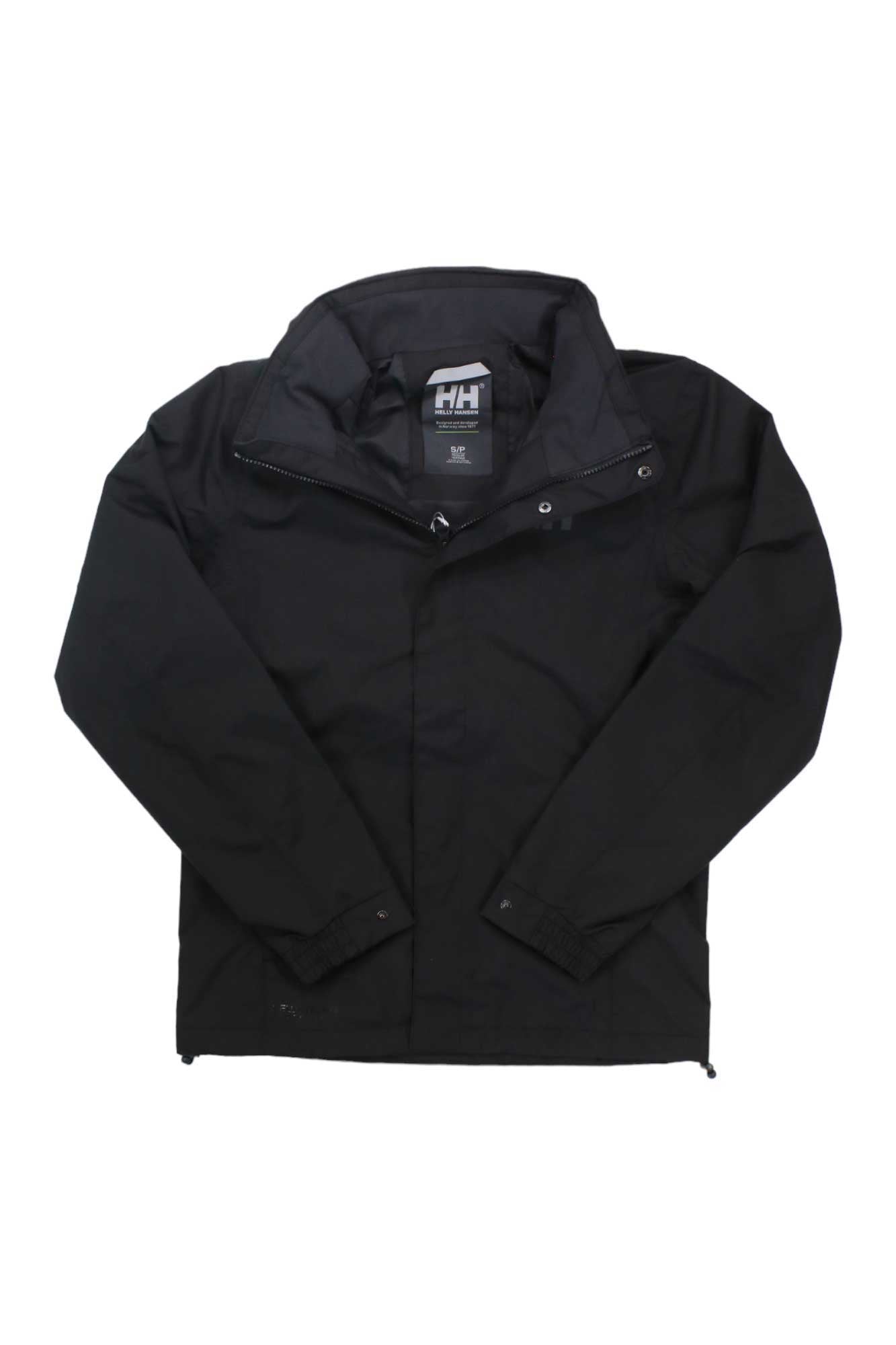 A Helly Hansen Mens Dubliner Jacket in black, featuring a high collar, long sleeves, and front snap buttons, is laid flat on a white background.