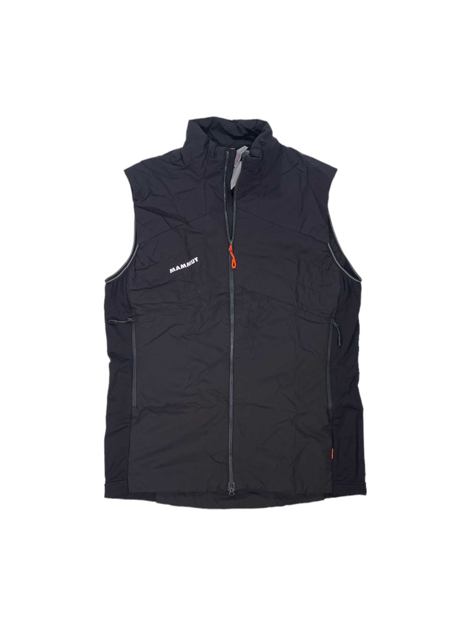 The Men's Rime Light IN Flex Vest is a lightweight, sleeveless black vest with a front zipper, two zippered side pockets, an orange zipper pull, and Marmot logo on the left chest. Climbing harness-compatible and shown flat on a white background.