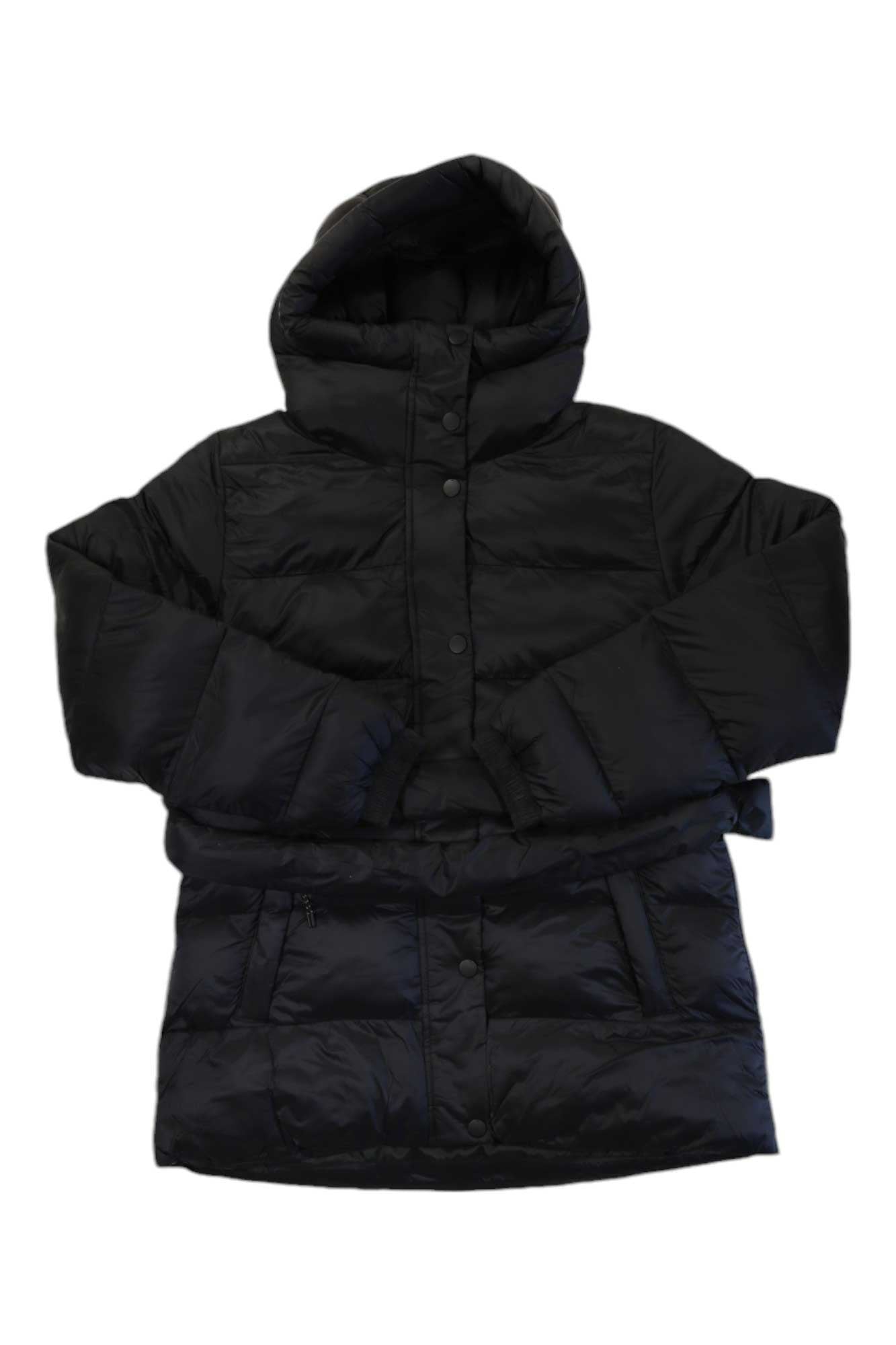 A black Helly Hansen Womens Grace Puffy Parka with a hood, long sleeves, snap-button front, and side pockets is laid flat on a white background.