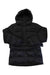 A black Helly Hansen Womens Grace Puffy Parka with a hood, long sleeves, snap-button front, and side pockets is laid flat on a white background.