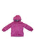 The Obermeyer Girl's Nifty Reversible Insulator is a bright pink jacket with a hood, front zipper, long sleeves, and quilted floral pattern—perfect as a reversible insulated jacket for kids. Displayed on a white background.