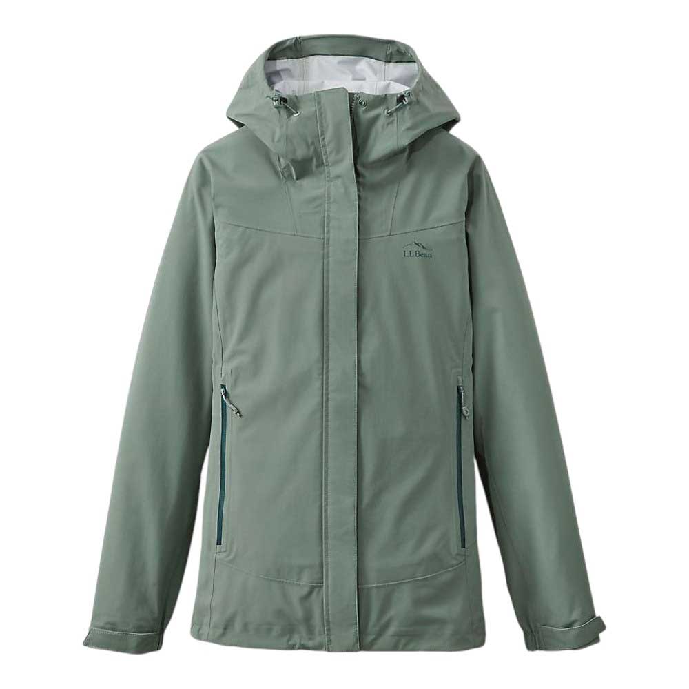 The L.L.Bean Women's Cresta Stretch Rain Jacket is light green with a hood, front zipper, two zippered pockets, and a high collar. L.L.Bean logo appears on the left chest. Displayed against a white background.