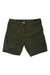 The Showers Pass Men's Gravel Short in olive green features knee-length, water-resistant fabric, button and zipper closure, side zipper pockets, and belt loops, shown laid flat on a white background.