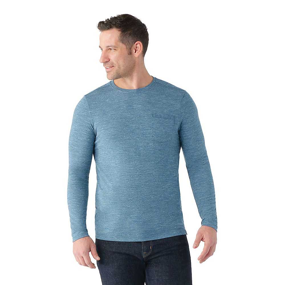 Men's blue heather merino long-sleeve pocket tee, crew neck
