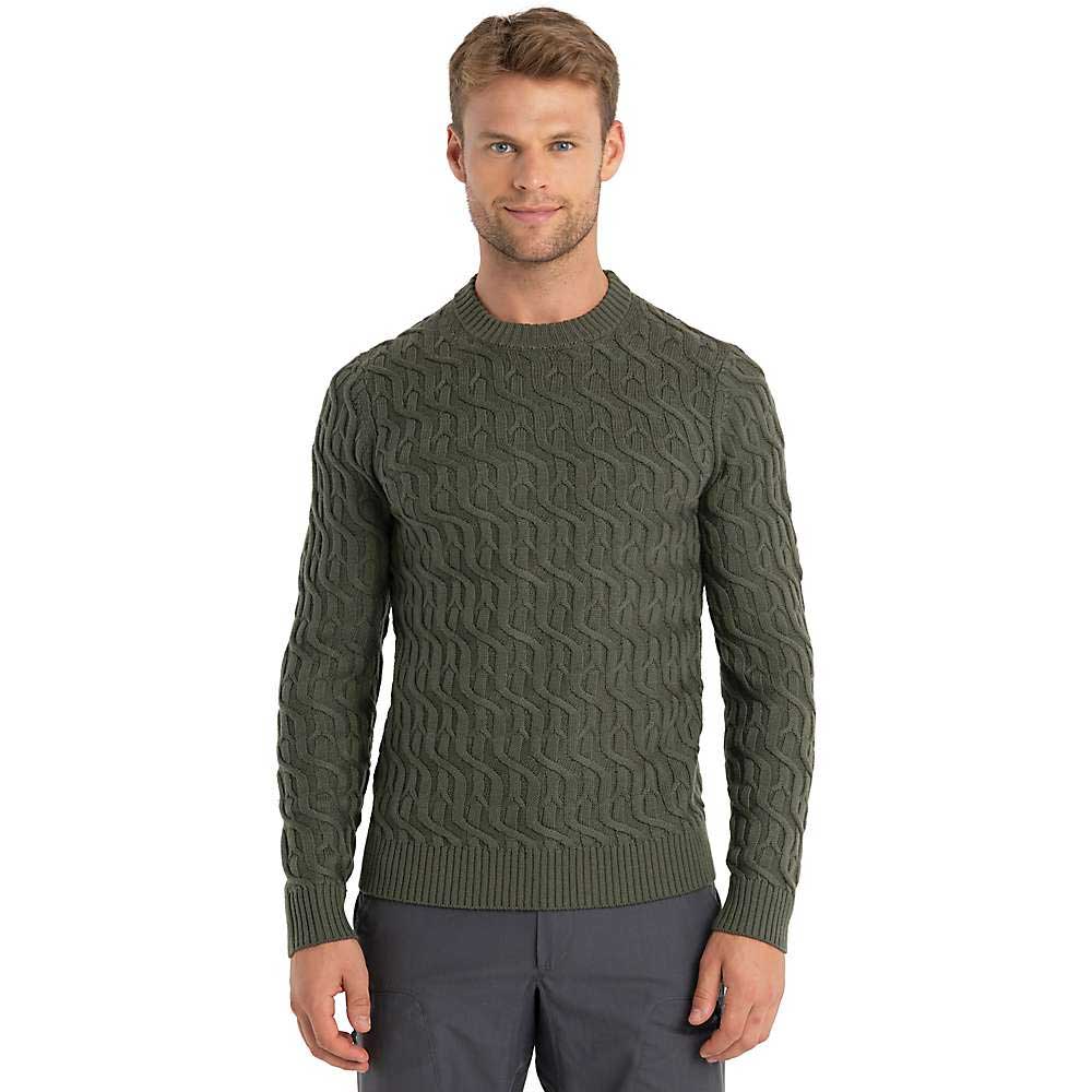Men's merino cable knit crew sweater, loden green, textured cable pattern