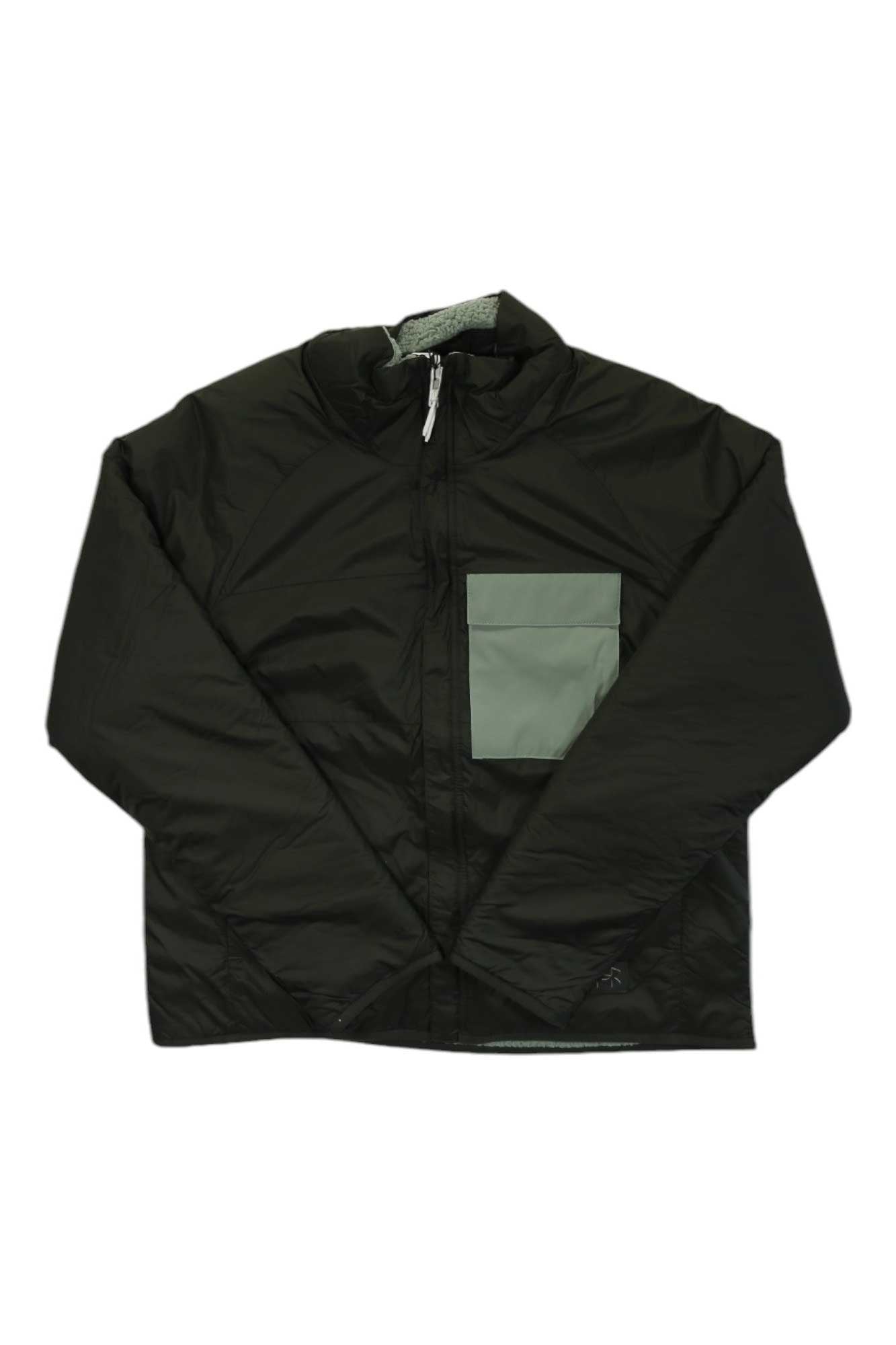 The Under Armour Womens Latitude Reversible Full Zip Jacket features a black design with a high collar, front zipper, and a light gray square pocket on the left chest. Laid flat on a white background—ideal for your next hiking adventure.