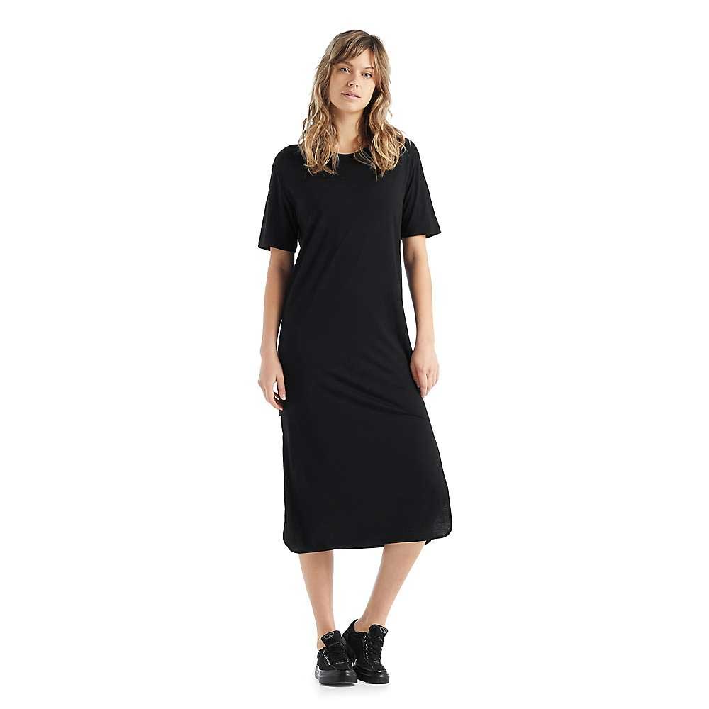 Icebreaker Granary women's black tee dress, crew neck, short sleeves, midi length