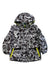 The Obermeyer Boys M-Way Jacket is an insulated ski jacket with HydroBlock Sport fabric, a black/white/gray camo print, yellow zipper accents, two front pockets, and a circular patch on the left sleeve.