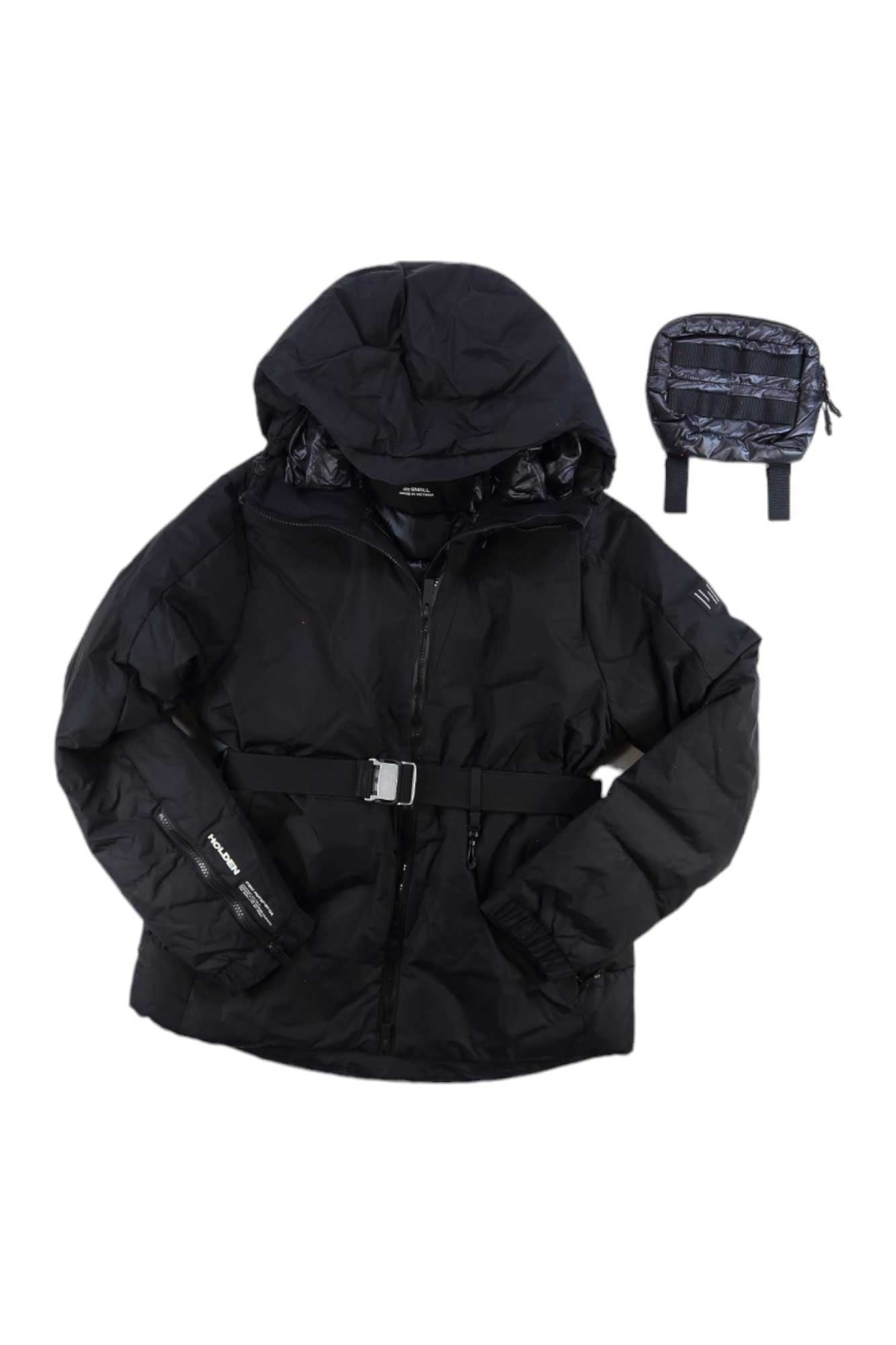 The Holden Womens Belted Down Jacket in black features a hood and zipper closure, displayed beside a matching pouch—perfect for winter adventures.