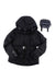 The Holden Womens Belted Down Jacket in black features a hood and zipper closure, displayed beside a matching pouch—perfect for winter adventures.