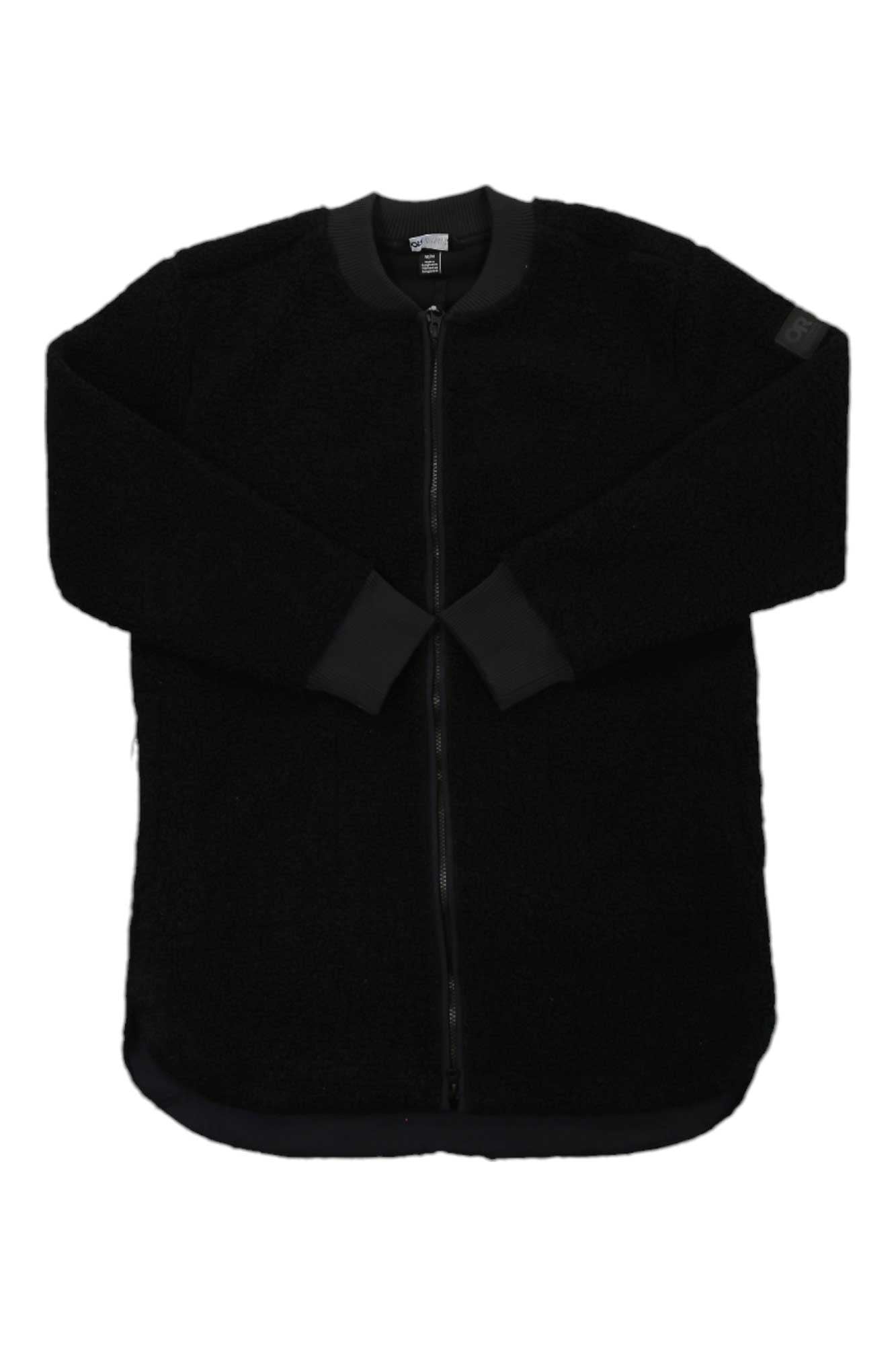 The Outdoor Research Womens Juneau Sherpa Fleece Coat is a black, long-sleeve jacket with a front zipper, ribbed collar and cuffs, and a rounded hem, shown on a white background.