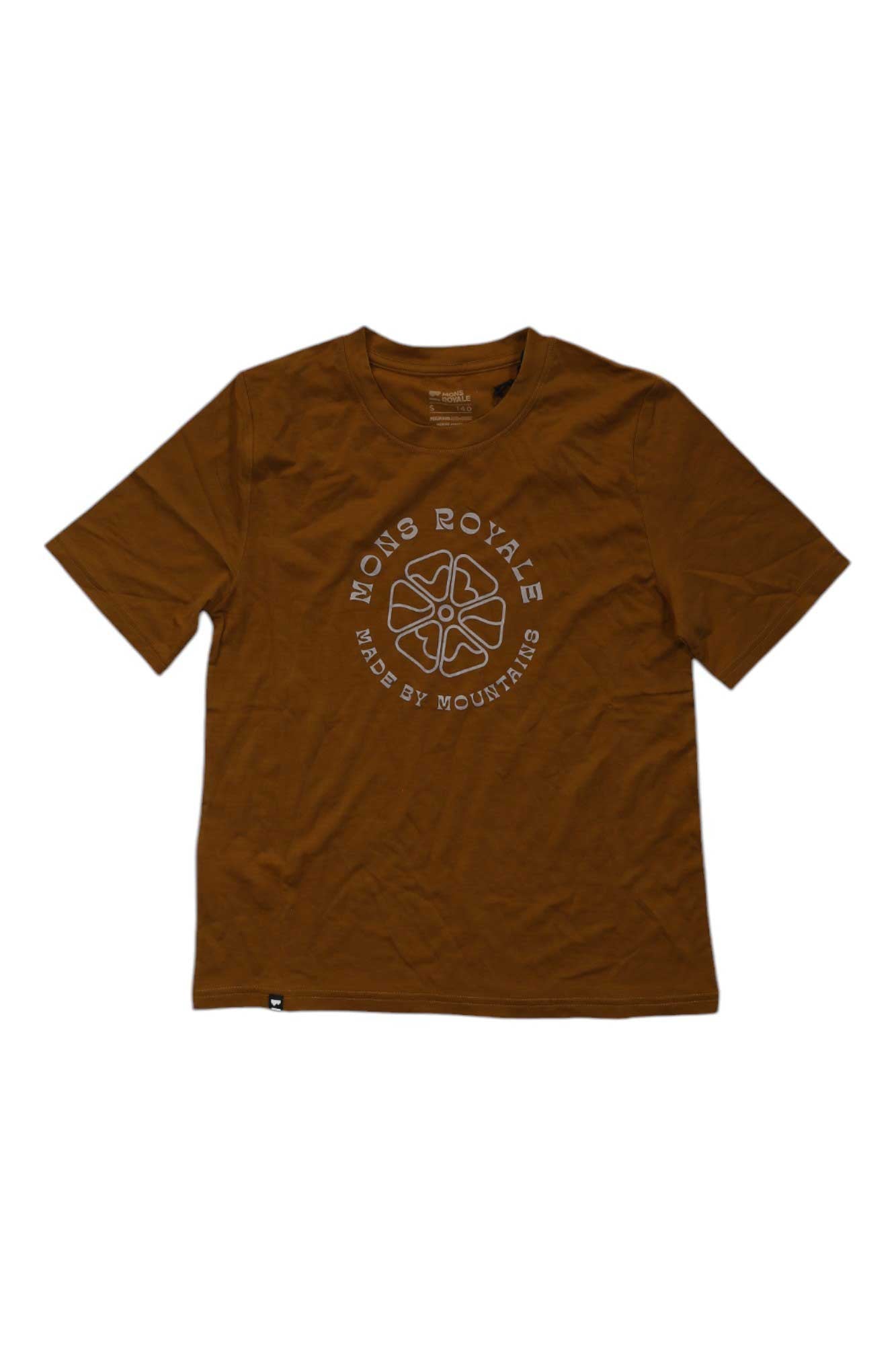 Women’s relaxed crew-neck tee in copper brown with circular Mons Royale chest logo