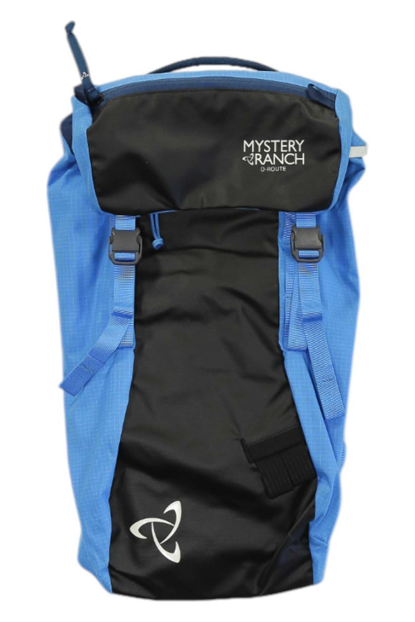 Blue and black snow pack backpack with zip top and front organizer pockets