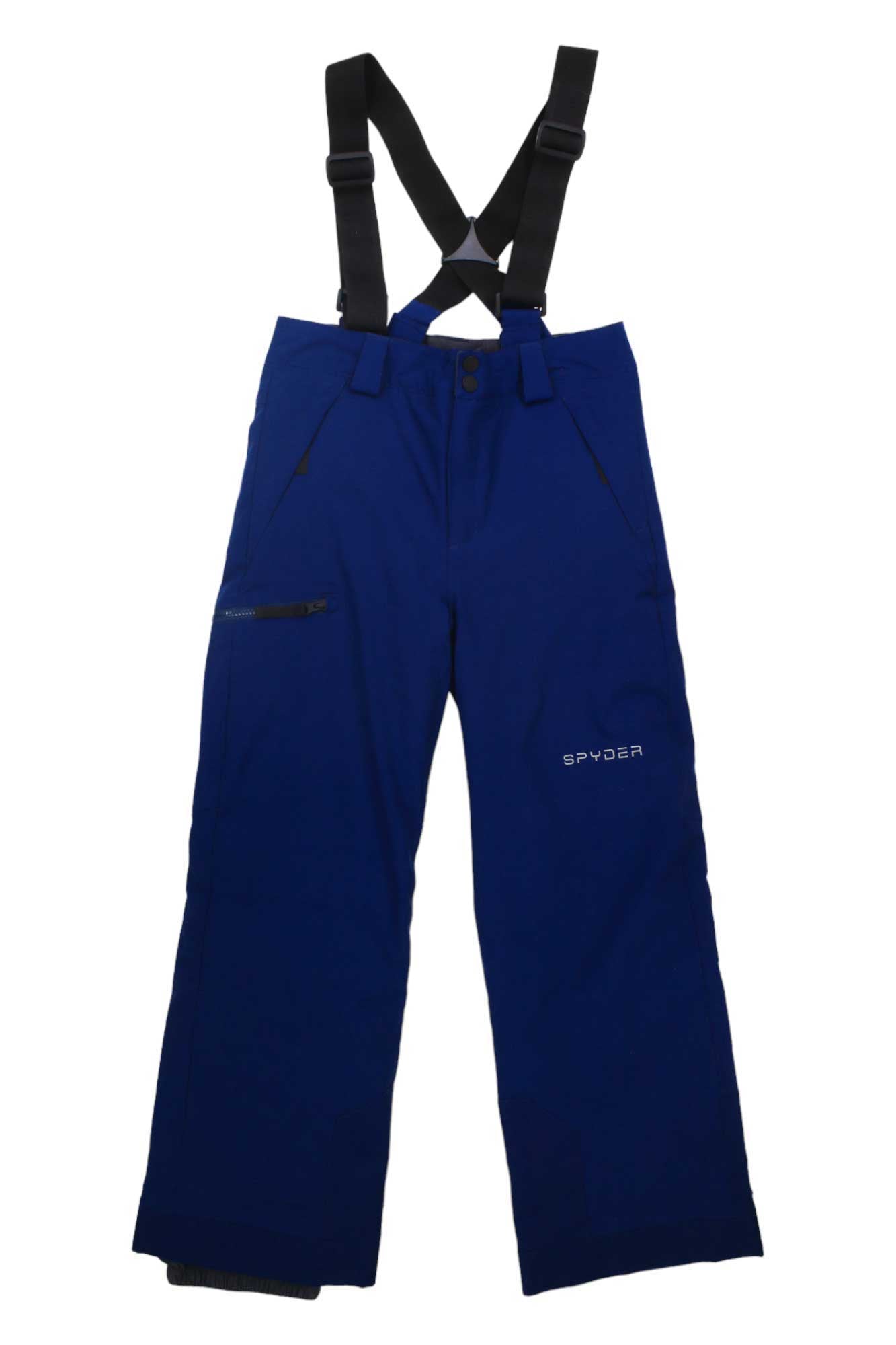 The Spyder Boys Propulsion Pant features black adjustable suspenders, front button closure, zippered side pocket, SPYDER logo on the right leg, waterproof material, straight leg design, and reinforced cuffs.