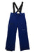 The Spyder Boys Propulsion Pant features black adjustable suspenders, front button closure, zippered side pocket, SPYDER logo on the right leg, waterproof material, straight leg design, and reinforced cuffs.