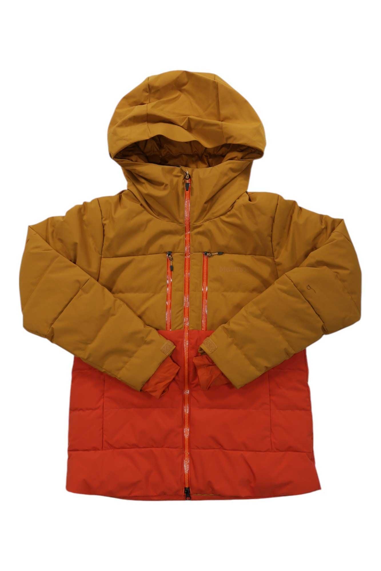 The Marmot Womens Slingshot Down Jacket is an insulated, hooded, two-tone outdoor jacket with a mustard yellow top and sleeves, orange bottom half, front zippers, and long sleeves for added warmth.