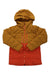 The Marmot Womens Slingshot Down Jacket is an insulated, hooded, two-tone outdoor jacket with a mustard yellow top and sleeves, orange bottom half, front zippers, and long sleeves for added warmth.