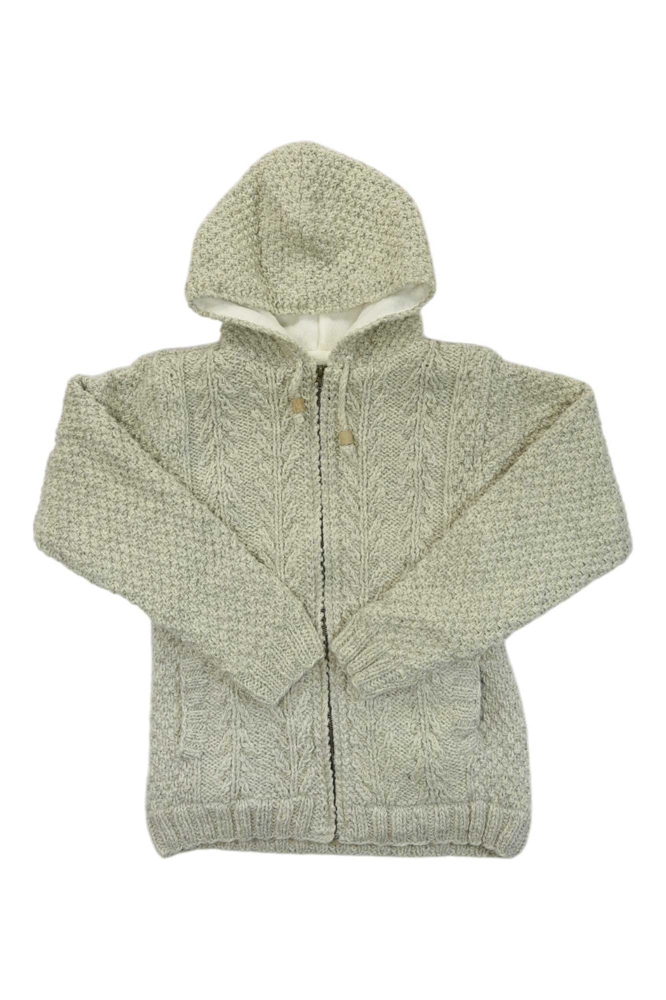 Sage green cable-knit hoodie sweater with full-length zipper and front pockets