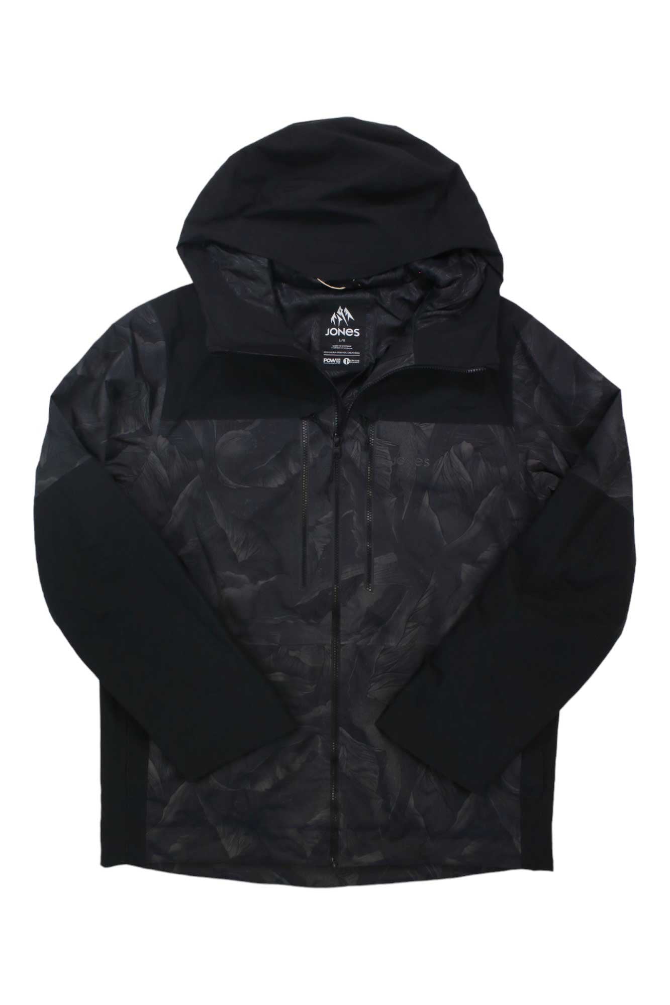 The Jones Mens MTN Surf Recycled Jacket is a black, eco-friendly hooded jacket with a subtle textured pattern, full zip closure, and an inside collar logo.