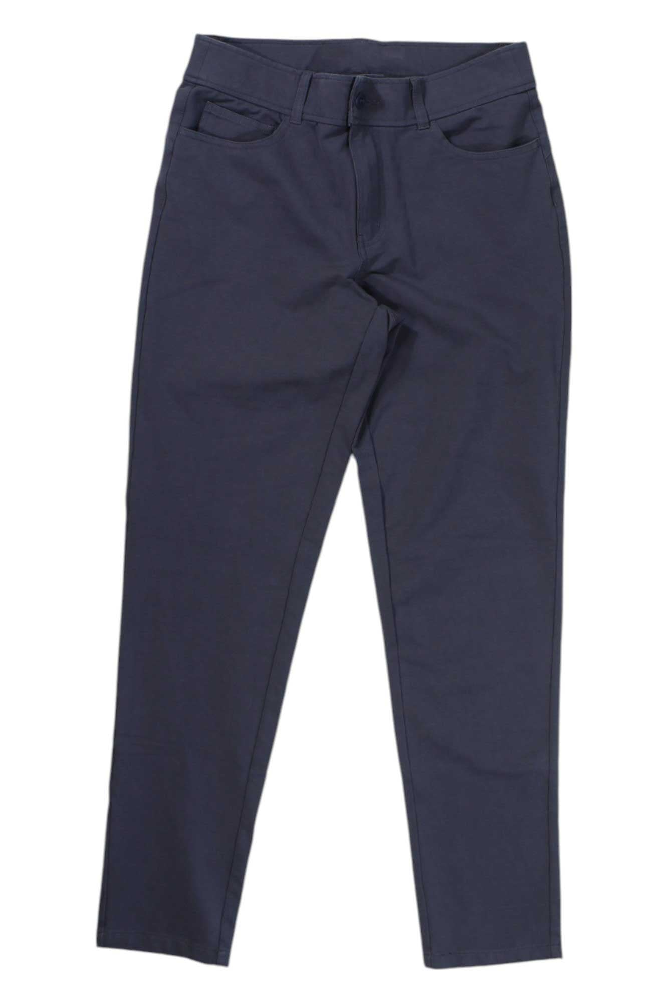 The Orvis Womens Flex Day Natural Fit Straight Leg Pant in navy blue is shown flat on a white background, featuring front pockets, belt loops, and a button closure—ideal flexible pants for comfortable everyday wear.