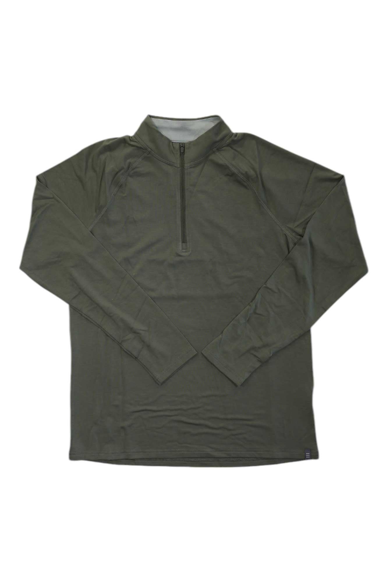 Men's quarter-zip pullover top in dark olive with long sleeves and stand collar.