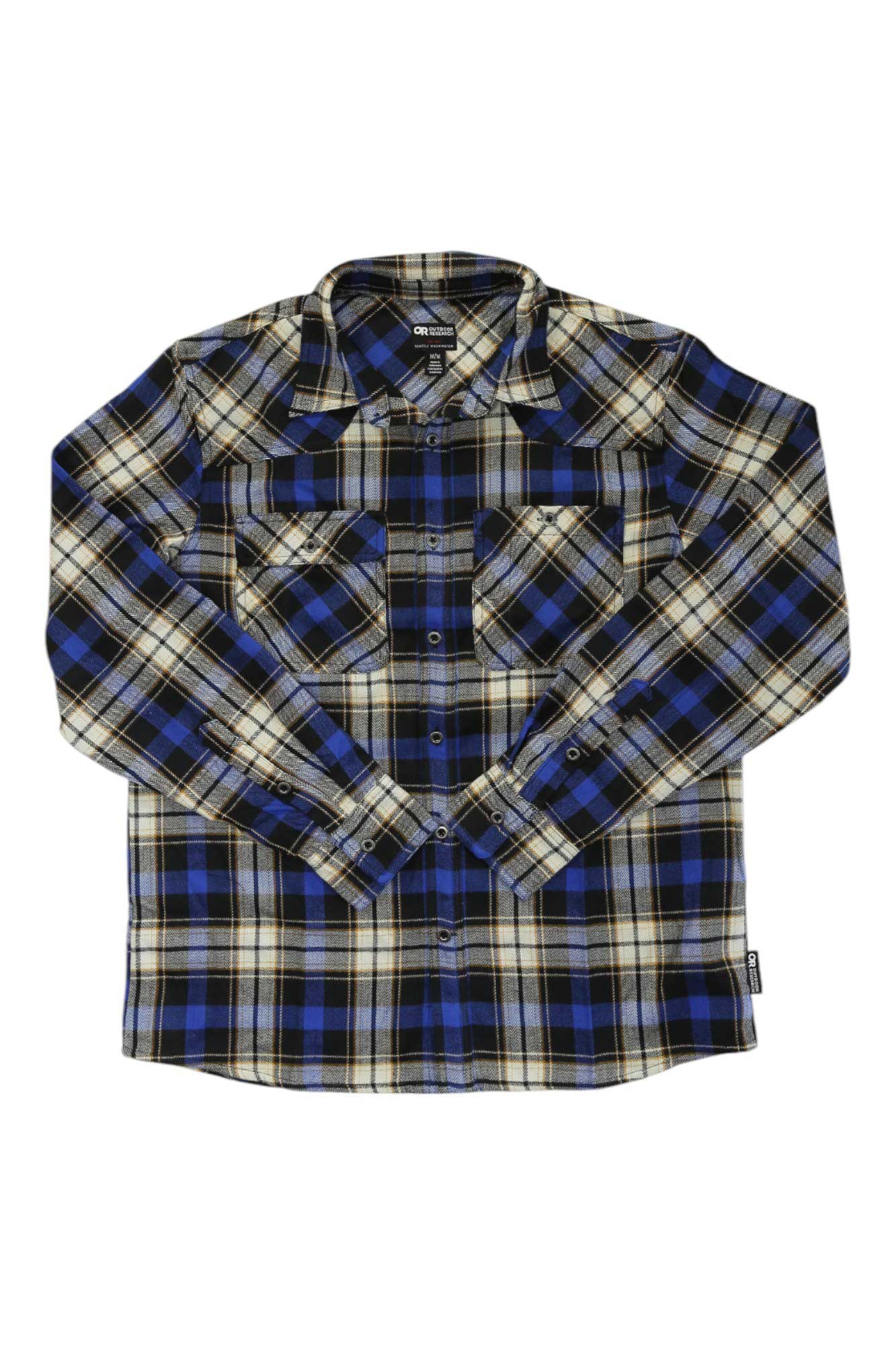 The Outdoor Research Men's Feedback Flannel Shirt features blue, black, white, and tan plaid, two chest pockets, a logo tag on the left hem, and moisture-wicking fabric for comfort all day.