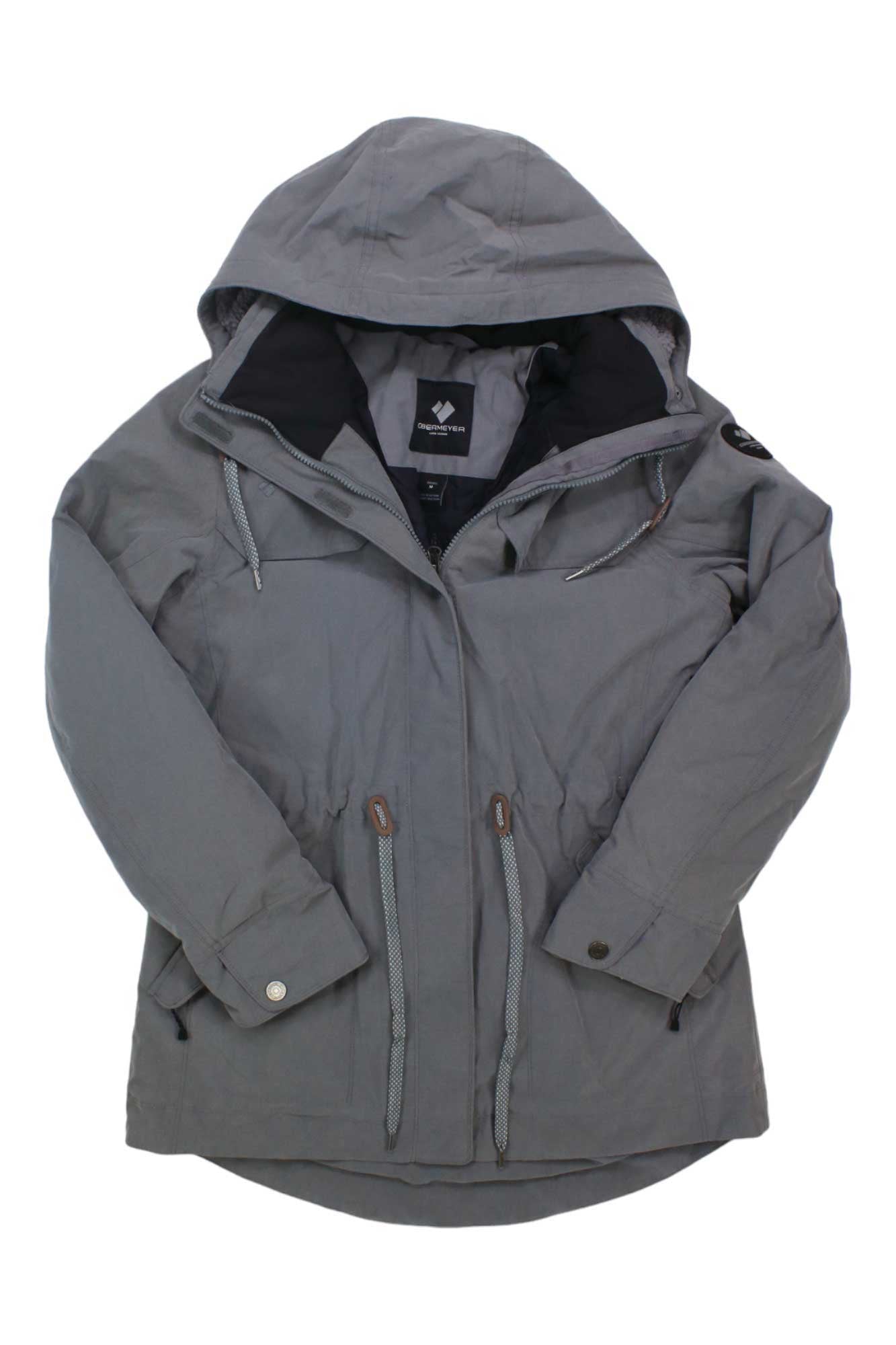 Women's gray hooded winter jacket with full zip and adjustable drawstring hem