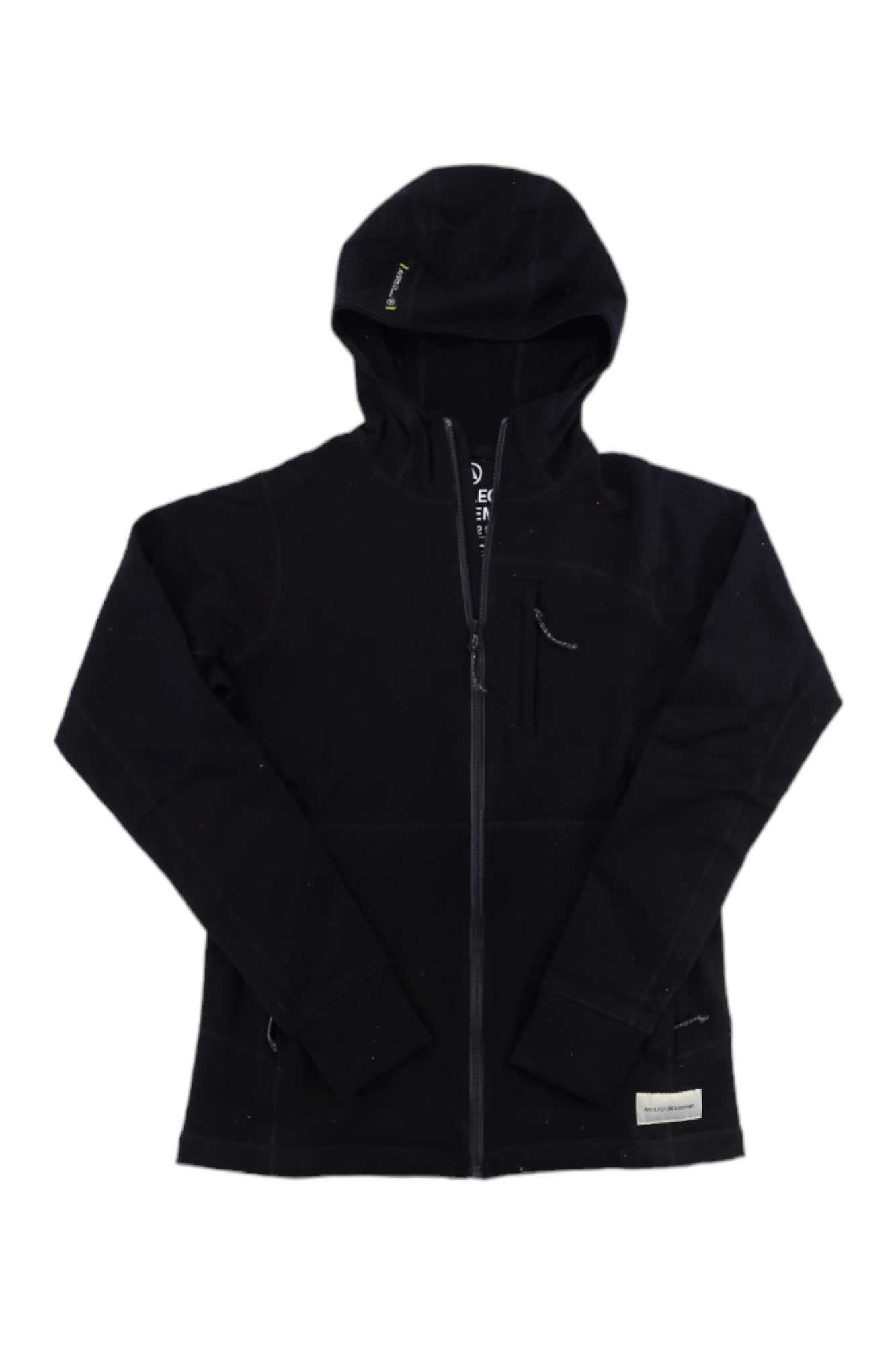 Artilect Women's Eldorado 310 Merino Hoodie—black, zip-up, long sleeves, chest pocket, small front label; women's slim fit for multisport use. Shown laid flat on a white background.