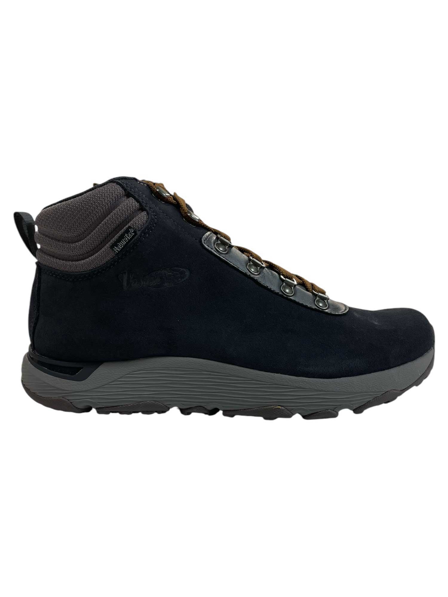 Side view of the Vasque Mens Sunsetter Boot featuring waterproof construction, metal eyelets, brown laces, a padded ankle collar, subtle stitching details, and a dark gray textured sole.