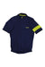 The Rapha Men's Super Lightweight Jersey is a navy blue short-sleeve cycling jersey with a chest logo, front zipper, yellow stripe on the left sleeve, and yellow fabric lining the inside collar.