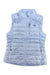 The Outdoor Research Womens Helium Down Vest is a light blue, sleeveless, quilted insulated vest with a front zipper, two side zip pockets, a chest zip pocket, high collar, and the OR logo on the left chest.