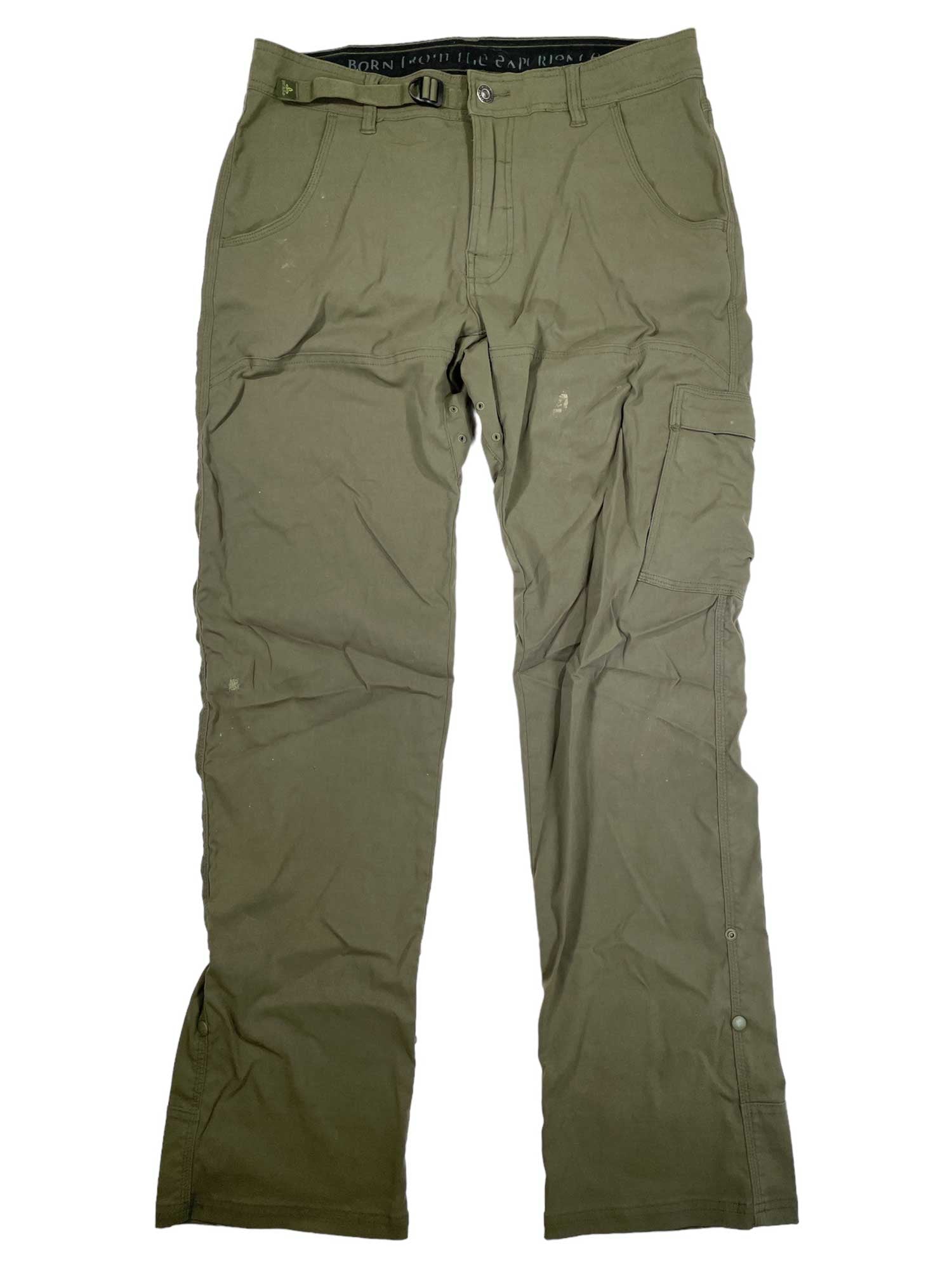The Men's Stretch Zion Pant in olive green features quick-drying fabric, multiple pockets, belt loops, and visible seams, shown laid flat on a white background.