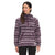 A woman stands facing forward, smiling slightly with her hands by her sides, wearing The North Face Women's Printed Campshire 2.0 Pullover Hoodie in a purple and lavender pattern with a high collar and front half-zip.