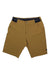 Rab Men's Venant 11 Inch Shorts in mustard yellow feature front pockets, belt loops, a black waistband detail, and double button with zipper closure. These 4-way stretch hiking shorts are shown on a white background.
