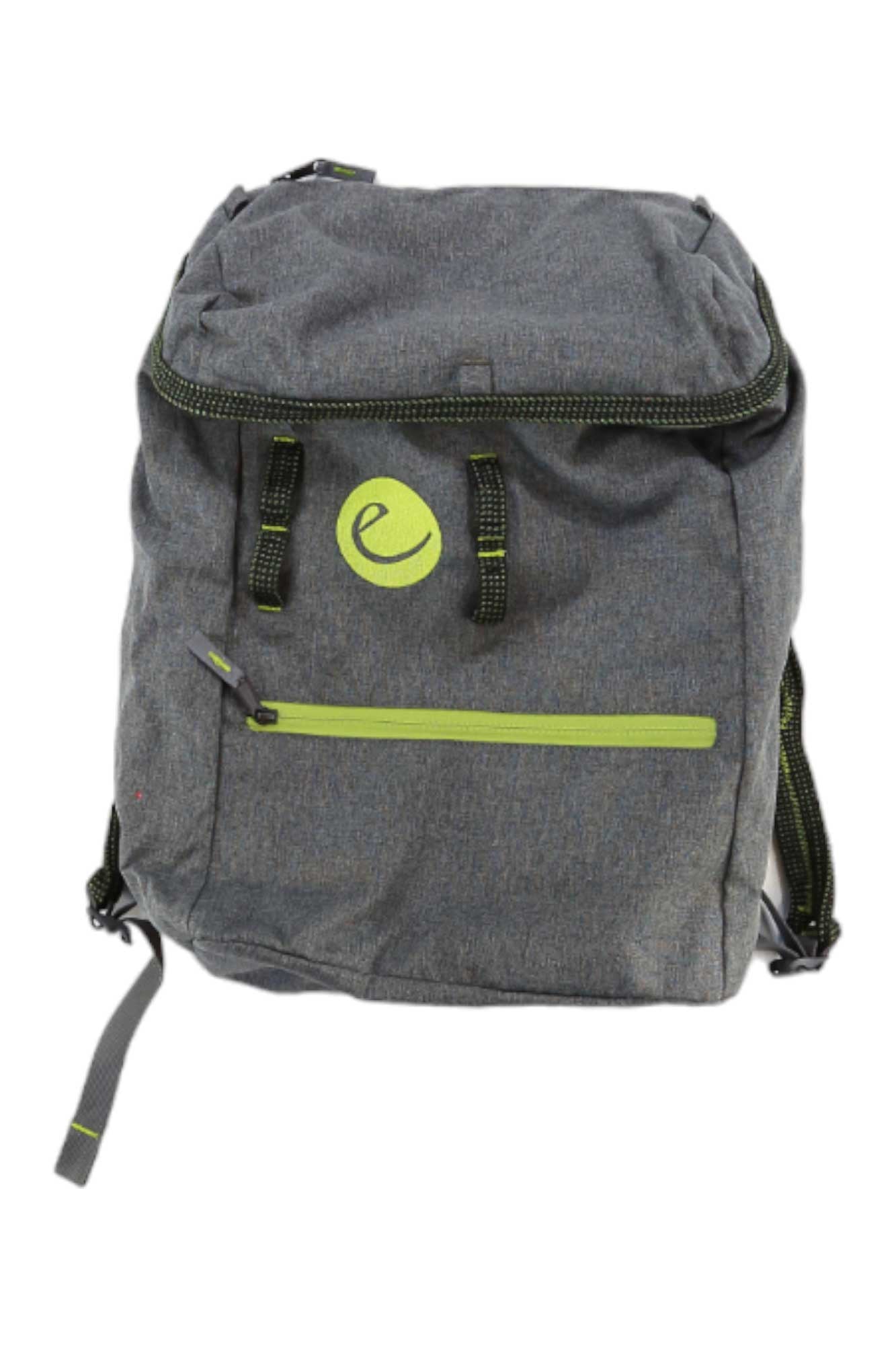 The Edelrid City Spotter 20 Backpack is gray with black straps, green accents, a front pocket with a green zipper, an exterior daisy chain, and features a circular green logo with a lowercase "e" on the front.