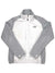 The Khumbu Fleece Jacket is a white and light gray midweight fleece with long sleeves, a high collar, left chest logo, side pockets, color-blocked design, and quick-drying polyester for comfort.