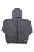 The North Face Womens Longs Peak Quilted Full Zip Hoodie is a gray, organic cotton zip-up with long sleeves, a drawstring hood, and a small rectangular patch near the front right hem. It is shown laid flat on a white background.