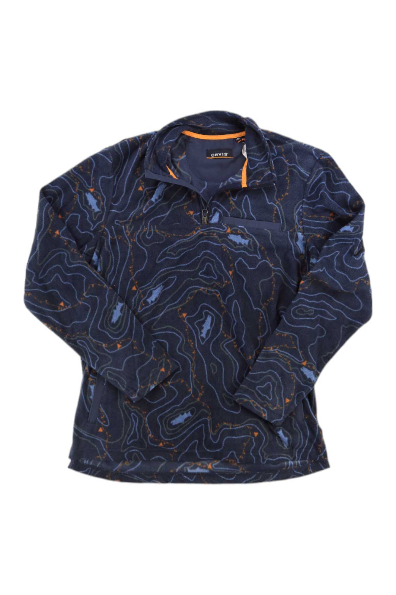 Men's 1/4 zip microfleece top in dark navy with abstract map-like print