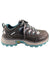 Women’s trail hiker shoe in brown and gray with teal lugs, lace-up, and padded collar
