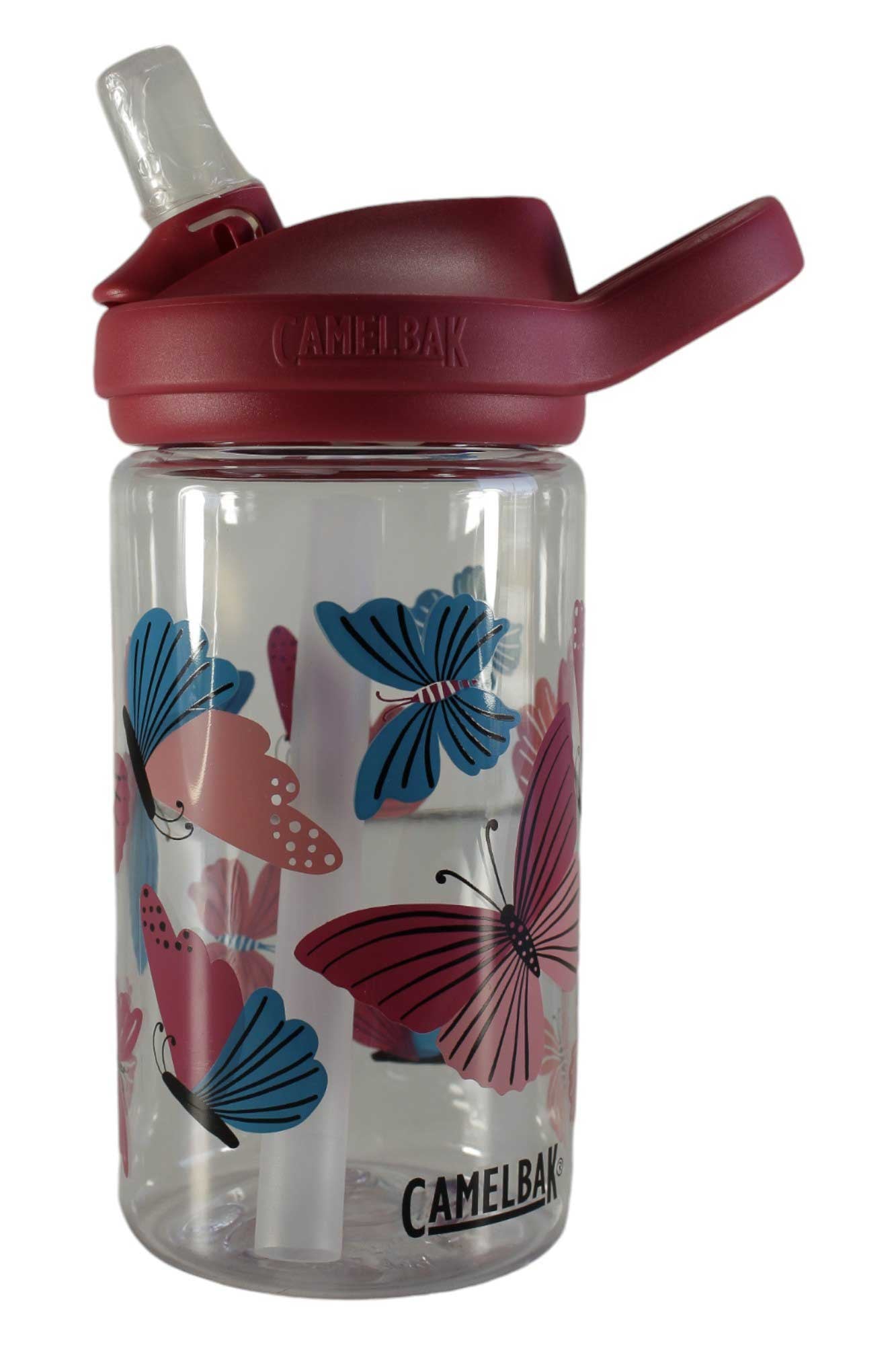 Kids water bottle with maroon flip-top lid, clear body with butterfly print, CamelBak